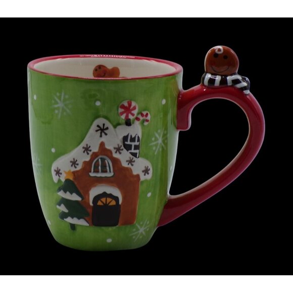 Graces Pantry Christmas Gingerbread Green Snowflake Red Handle Holiday Mug 12 oz - Picture 1 of 7